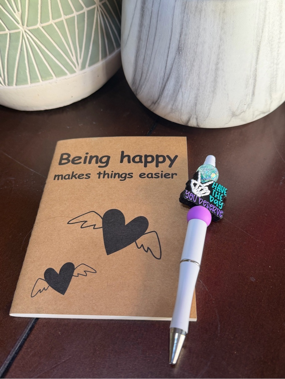 Journal'Being happy' Notebook with White & Purple Pen